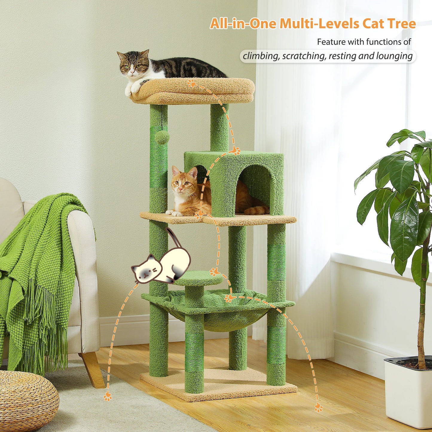 Arbre à chat à plusieurs niveaux avec hamac, condo pour chat, tour pour chat pour grattoir d'intérieur, poteaux à gratter pour chats, maison pour chaton, lit, jouets pour chats