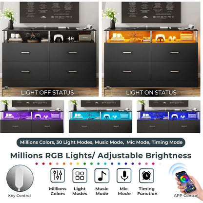 White Dresser for Bedroom with 6 Drawers, Dressers & Chests of Drawers with Column Design & Charging Station, Led Wide Dresser