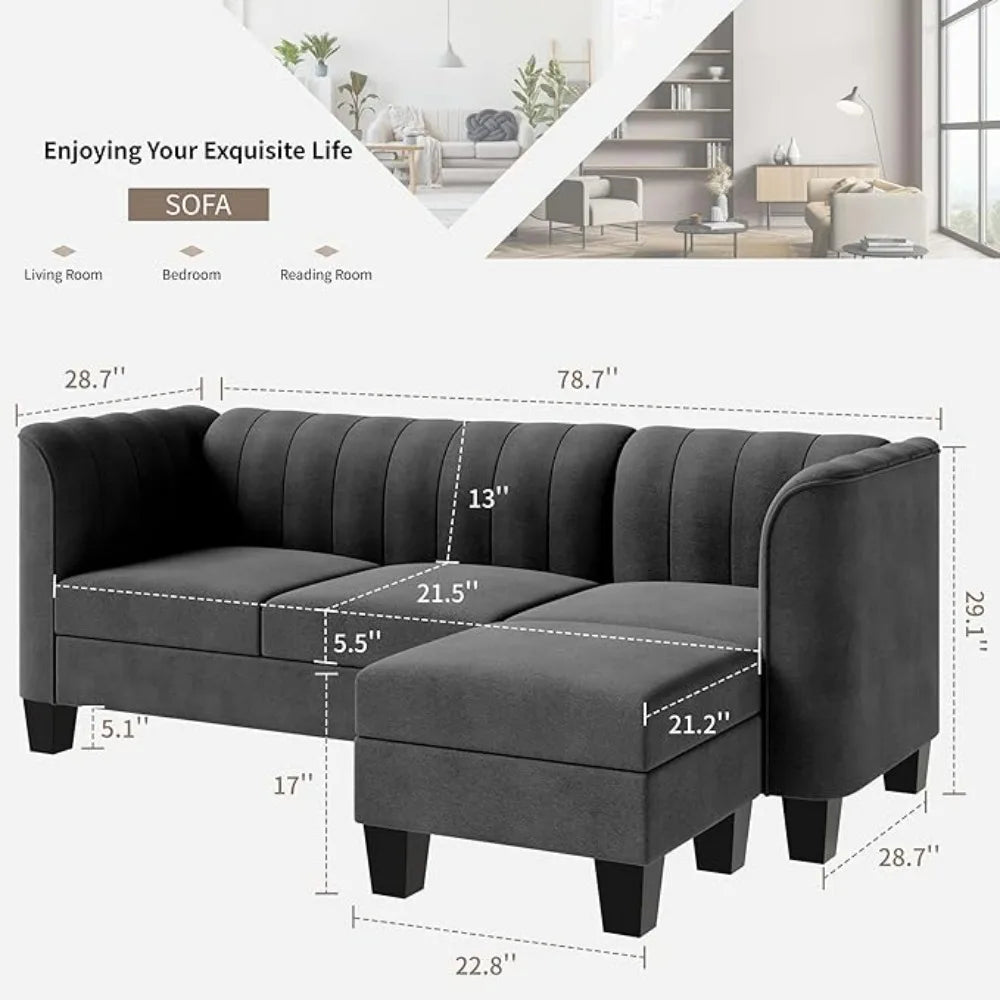 Upgraded Convertible Sectional Sofa Couch, 3 Seat L Shaped Sofa With High Armrest Linen Fabric Small Couch For Living Room,Black