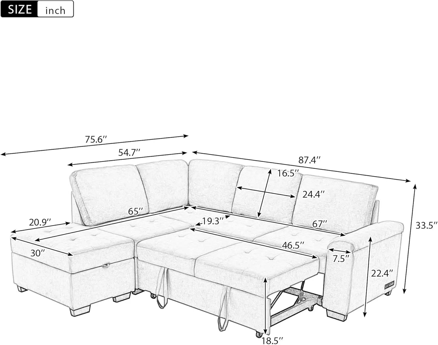 Sleeper Sectional Sofa Bed with Storage Ottoman & Hidden Arm Storage, Sectional Corner Couch Sofa-Bed for Living Room