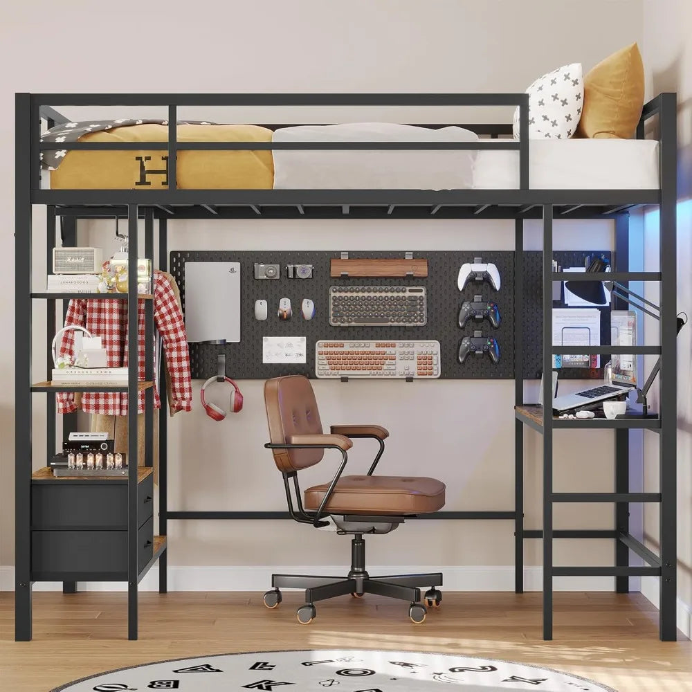 Twin Size Loft Bed with Desk and Led Lights Junior Loft Bed with Charging Station & Storage Shelves and Drawers Twin Metal Bed