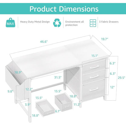 with File Drawers Cabinet, 47 Inch Home Office Desks with Fabric Filing Cabinet for Small Space, Modern Writing Table PC Desks