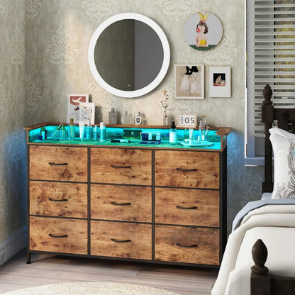 Commode blanche avec éclairage LED pour chambre à coucher Commode à 9 tiroirs avec station de charge Commode à tiroirs Cadre en acier Plateau en bois