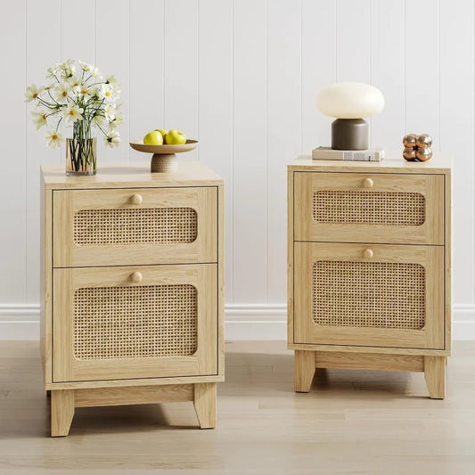 Nightstands , Night Stand, Bedside Table with Drawer and Shelf, Hand Made Rattan Decorated Doors, Nightstands