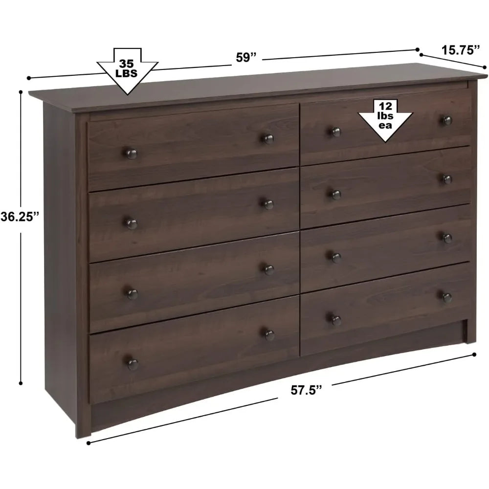 Commode double à 8 tiroirs pour chambre à coucher, 15,75" DX 59" WX 36,25" H, expresso, commodes