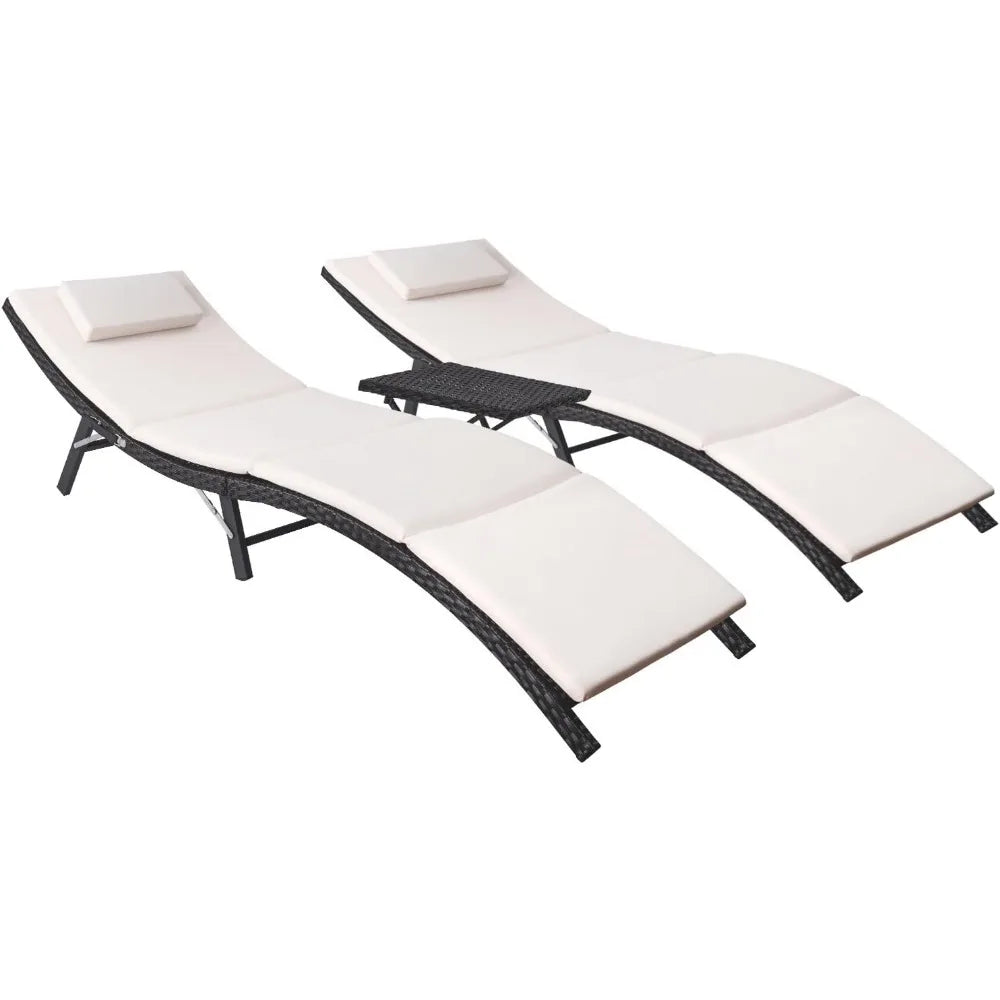 Ensemble de 3 chaises longues, chaise longue de patio avec coussins, chaises longues en rotin et osier PE avec table pliante, chaises longues