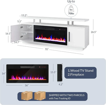 Support pour téléviseur jusqu'à 75", centre de divertissement à éclairage LED avec radiateur de cheminée électrique de 36", armoire de rangement avec prise secteur USB