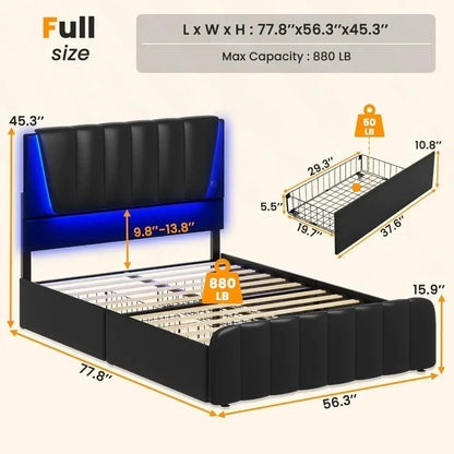 Cadre de lit double à LED avec tête de lit, 4 tiroirs de rangement, ports USB, support à lattes en bois, pas besoin de sommier, cadre de lit double