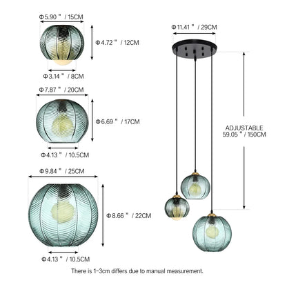 Ridgeyard Modern Nordic Chandelier 1/3 Heads Glass LED Pendant Lights Indoor Home Decor Dining Room Bar Salon Hanging Lamp Retro