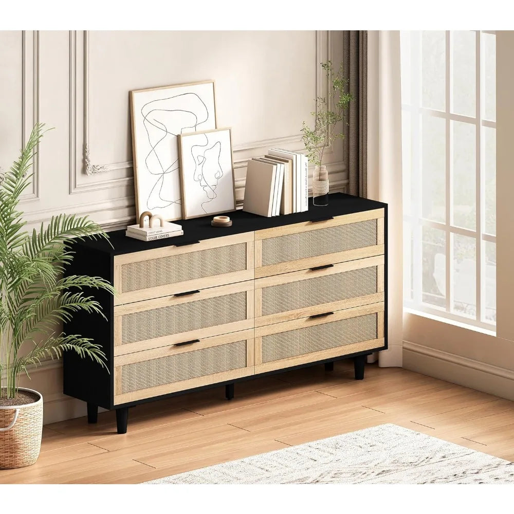 Commode double à 6 tiroirs pour chambre à coucher, armoire de rangement en bois avec poignées dorées, armoire de rangement sur pied, naturelle