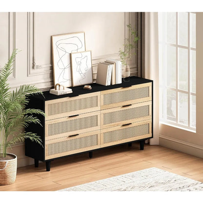 6 Drawer Double Dresser for Bedroom, Wooden Storage Wardrobe Dresser With Gold Handles, Floor Standing Storage Cabinet, Natural