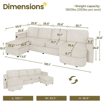 120"UShaped Couch, Sectional Sofa Couch with Storage Seat, Chenille Convertible Sofa with Reversible Chaises, Sectional Couches