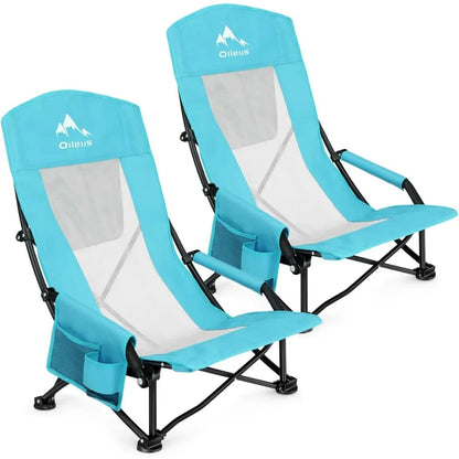 Folding Portable Beach Chair, High Back Low Seat Lightweight Chairs for Beach Tent & Shelter & Camping, Full Mesh Back