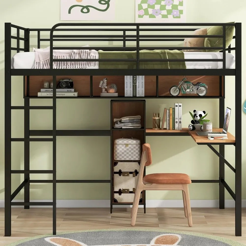 Cama alta de metal tamaño twin con escritorio, escalera y barandillas, para niños, adolescentes y adultos, color negro, tamaño 78" de largo x 41" de ancho x 65" de alto