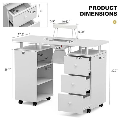 Manicure Table Nail Desk W/Electric Dust Collector, Nail Makeup Storage for Beauty Salon W/Lockable Wheels,Wrist Cushion