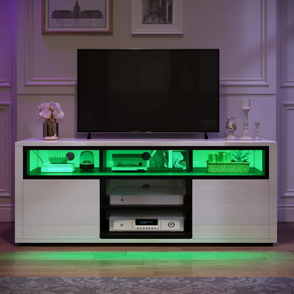 Meuble TV avec lumières d'ambiance LED Meuble TV moderne avec étagère ouverte Meuble de rangement pour téléviseurs 62 pouces Meubles Meubles TV blancs