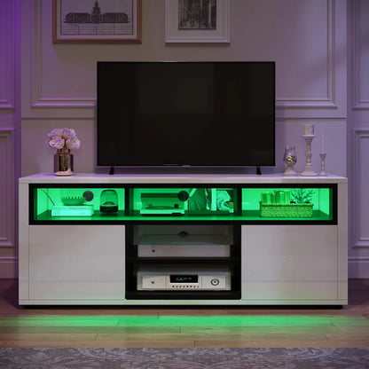 Meuble TV avec lumières d'ambiance LED Meuble TV moderne avec étagère ouverte Meuble de rangement pour téléviseurs 62 pouces Meubles Meubles TV blancs