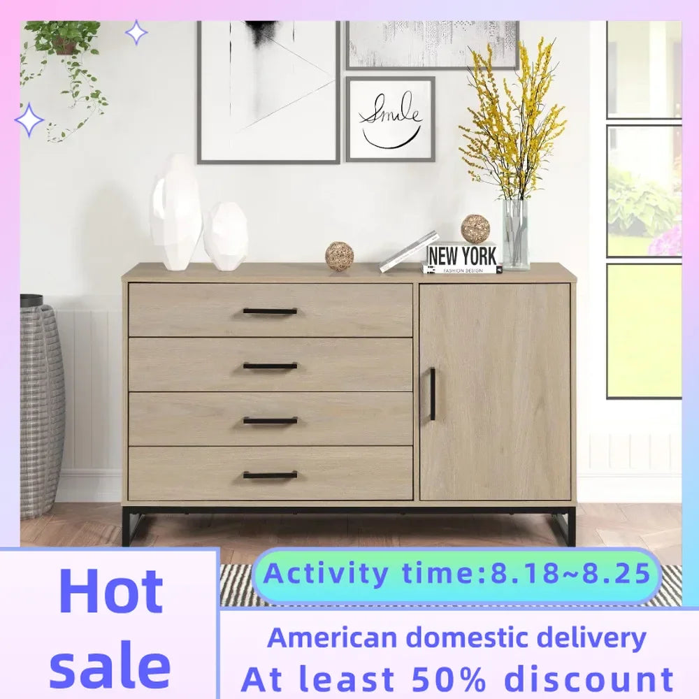 Industrial 4 Drawer Dresser W/ Door Cabinet Luxury Makeup Vanity Table Beige Oak Freight Free Dresser for Bedroom Make Up Table