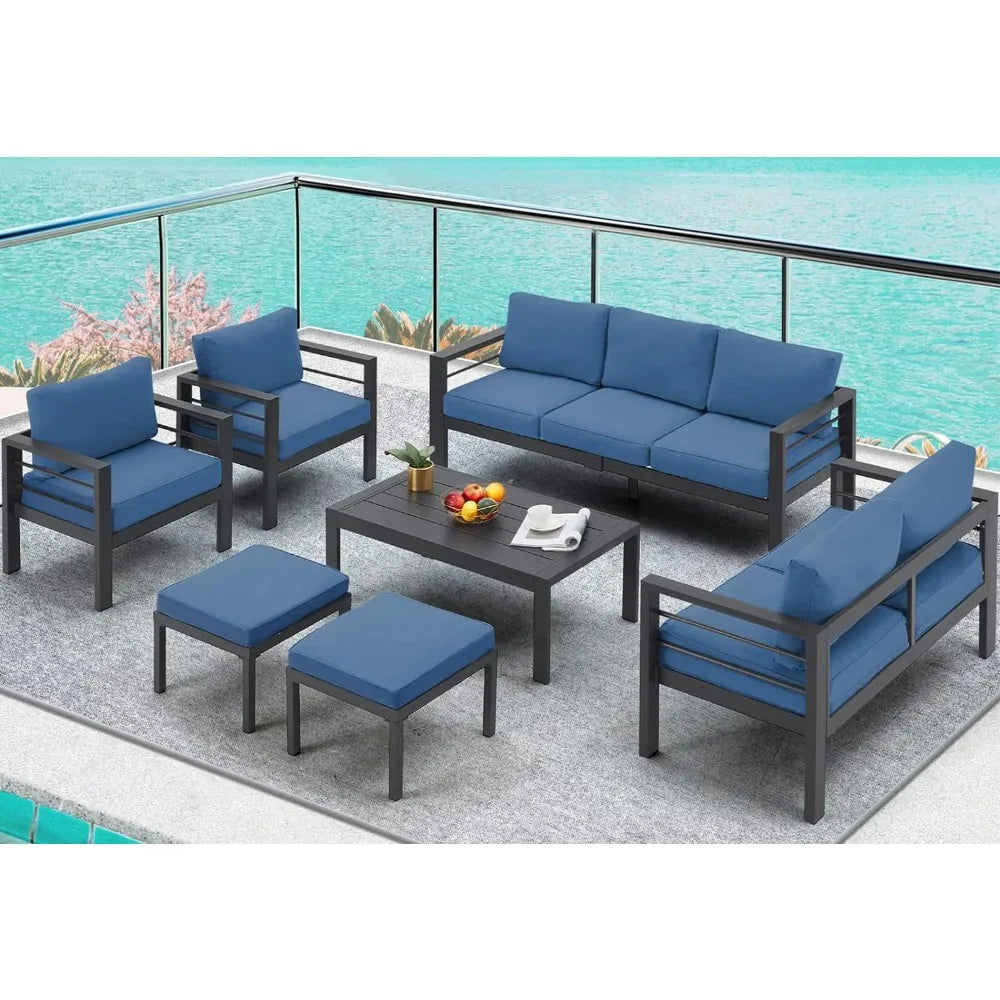 Aluminium Patio Furniture Set, Modern Outdoor Patio Furniture with Coffee Table, Set of 7 with Grey Cushions，Light Grey