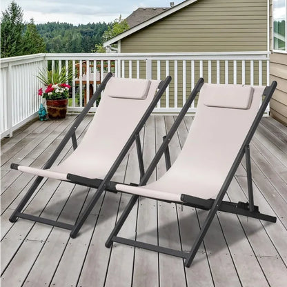 Outdoor Patio Chairs, Set of 2 Portable Aluminum Lounge Folding Sling Chairs Reclining Lawn Adjustable Beach Chair