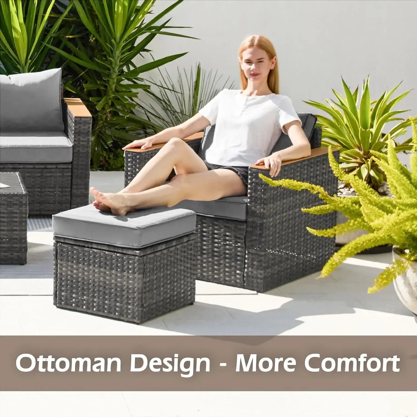 Exclusive Quick Install Patio Furniture Set w/Ottoman,Durable Wicker Outdoor Couch Patio Sectional Sofa Conversation Sets