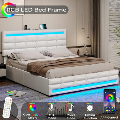 Full Size Bed Frame with 2 USB Charging Station,Faux Leather Full Size Adjustable Headboard & Storage Beds