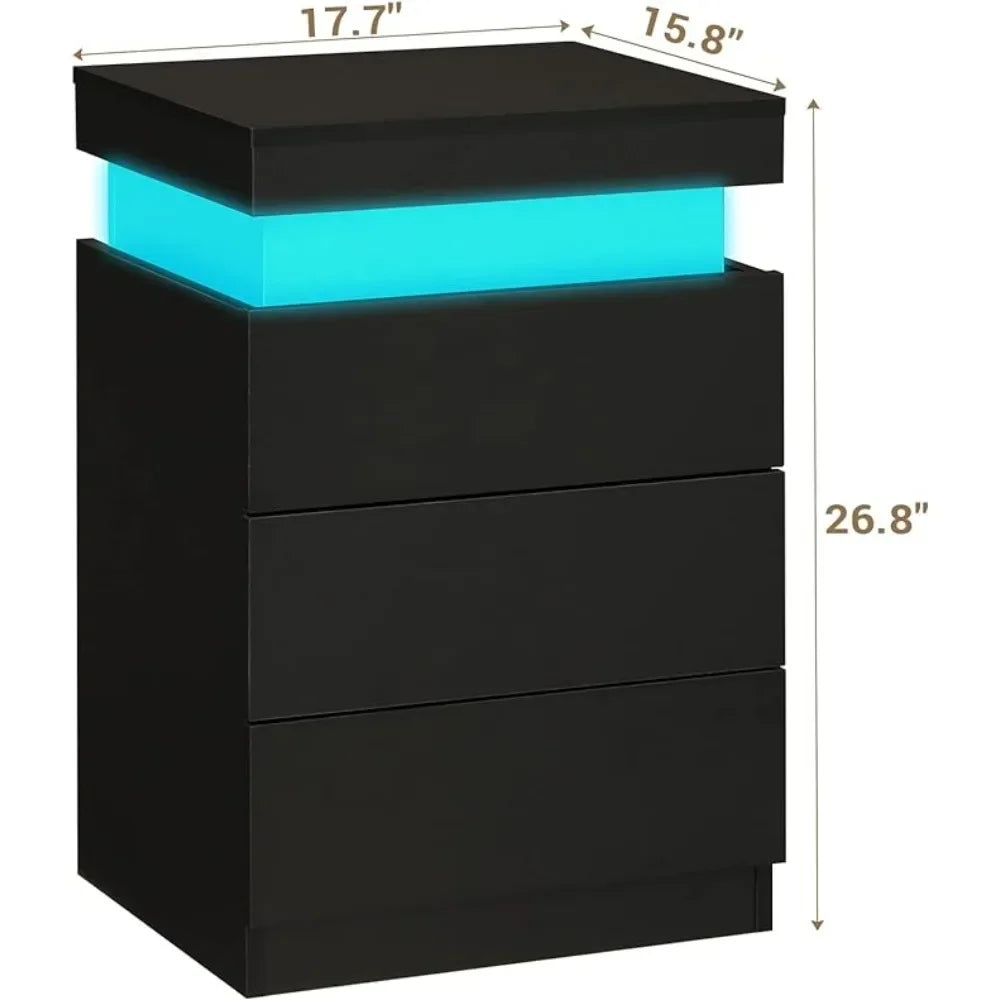 Mesita de noche LED con 3 cajones para dormitorio, luces de 16 colores y 2 puertos AC y 2 USB Mesitas de noche para el dormitorio Mesillas de noche