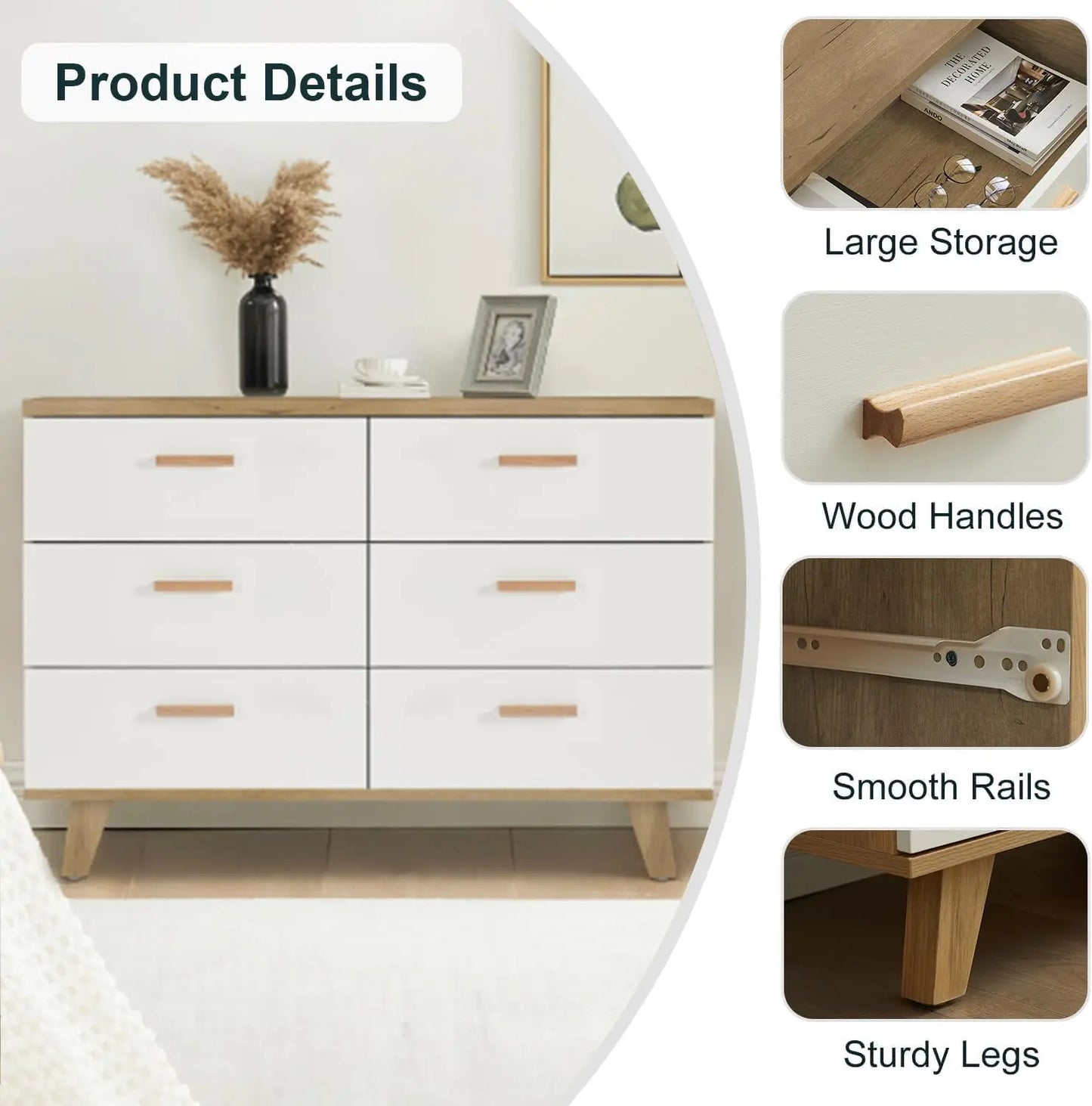 Cómoda ancha blanca de 6 cajones, organizador de almacenamiento de madera, cómoda moderna para guardería, sala de estar, pasillo, dormitorio infantil