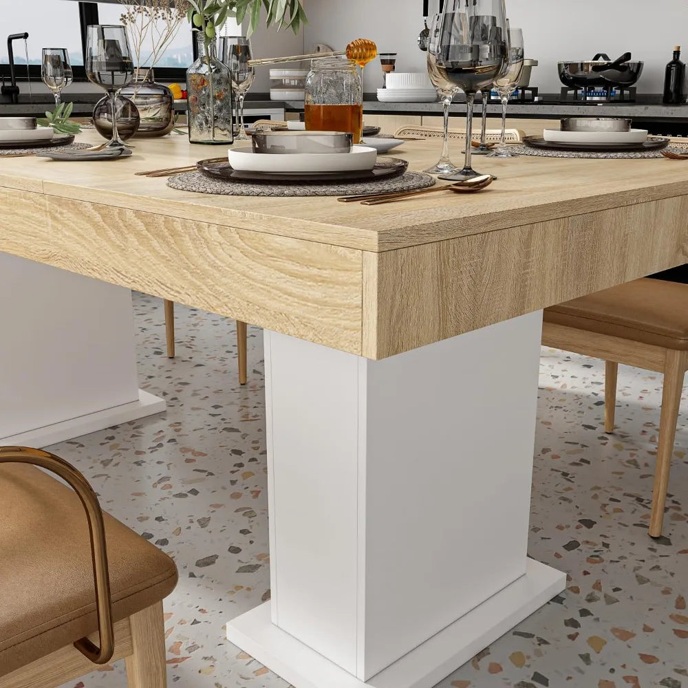 Gran mesa de comedor de 78,7" para 8-10 personas, moderna mesa de cocina rectangular de madera con patas de pedestal para comedor en color blanco y marrón claro