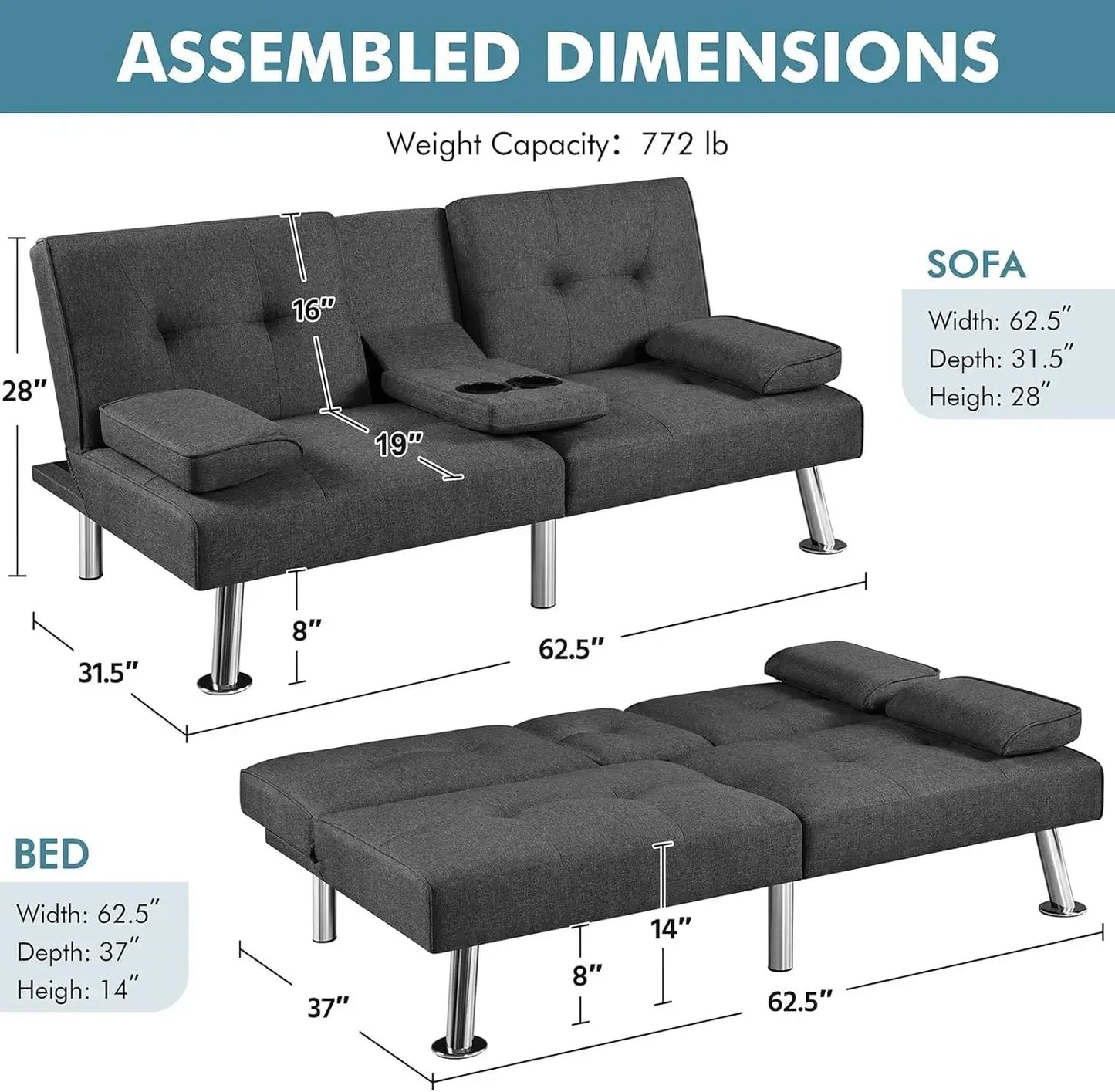 Sofá cama ajustable Sofá cama doble Sofá cama plegable Cama de invitados, portavasos, Cama Sillón moderno de cuero artificial