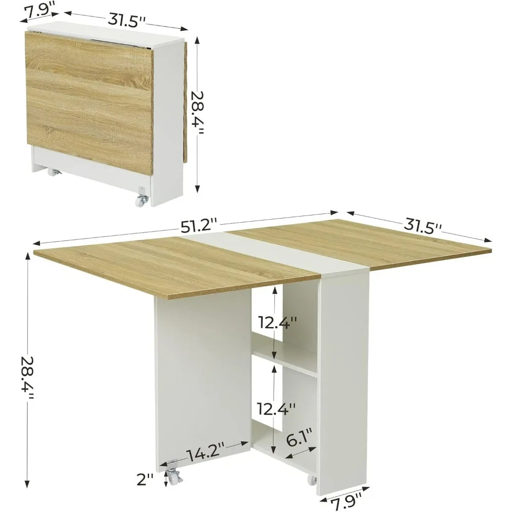 Mesa de comedor plegable, mesa de comedor versátil con 6 ruedas y 2 estantes de almacenamiento, mesa que ahorra espacio, mesa de cocina plegable