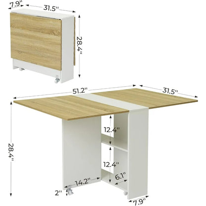 Mesa de comedor plegable, mesa de comedor versátil con 6 ruedas y 2 estantes de almacenamiento, mesa que ahorra espacio, mesa de cocina plegable