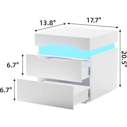 Table de chevet LED avec station de charge, table d'appoint avec armoire de rangement à 2 tiroirs, table de chevet avec plateau coulissant pour chambre à coucher