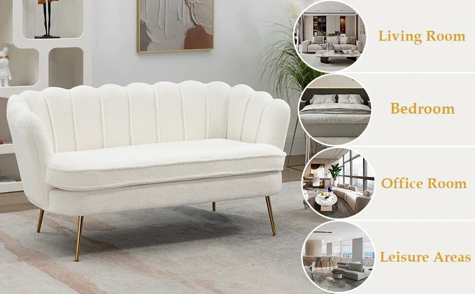 Sofa with 2 seats, Teddy Small Sofa with Gold Metal Legs, 59” Modern 2 Sater Sofa with Flower Backrest, Living Room Furniture