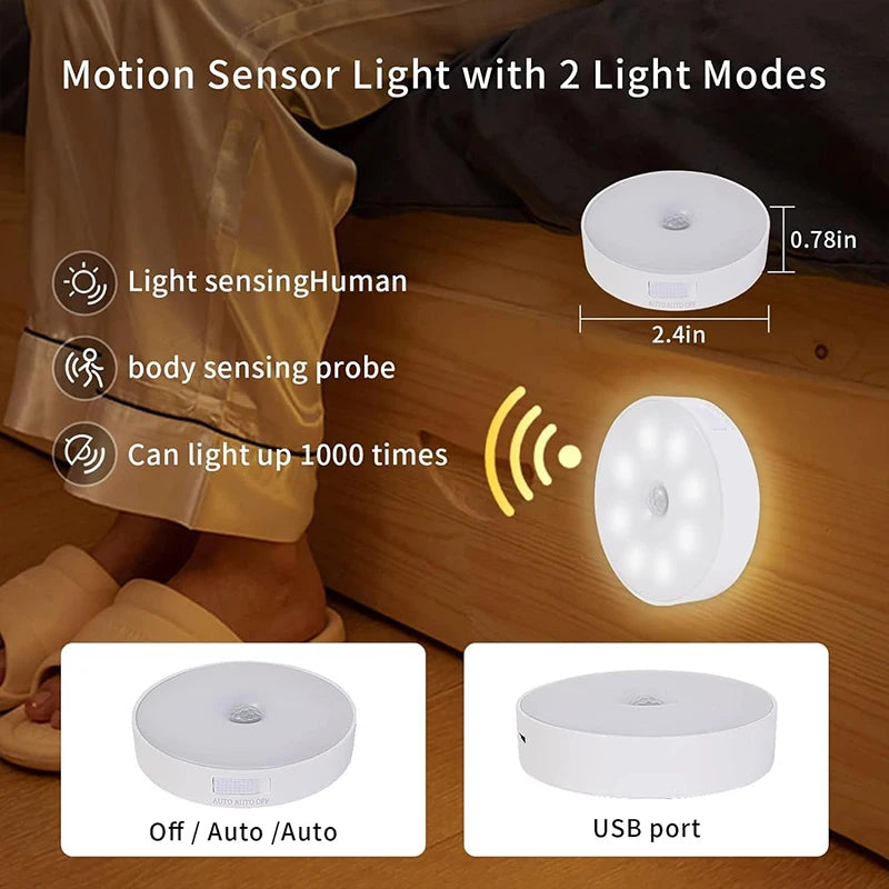 Luz LED de noche con sensor de movimiento, recargable por USB, para cocina, dormitorio, base magnética, luz de pared, iluminación de escaleras, lámpara de noche