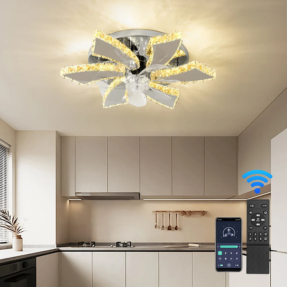 Modern Chandelier Ceiling Fan With Led Lamp Smart Remote Control Crystal Dining Room Fixtures Pendant Hanging Light Porch Lustre