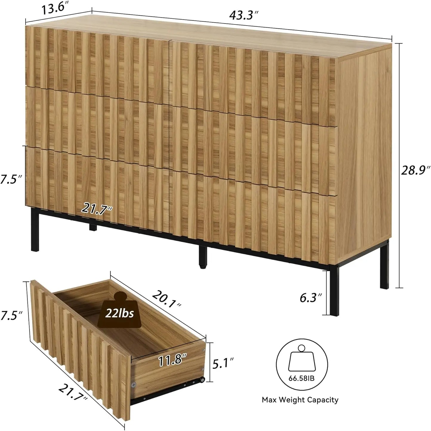 Commode moderne du milieu du siècle, commode en bois naturel, commode à tiroirs avec support en métal, grande commode de rangement d'appoint