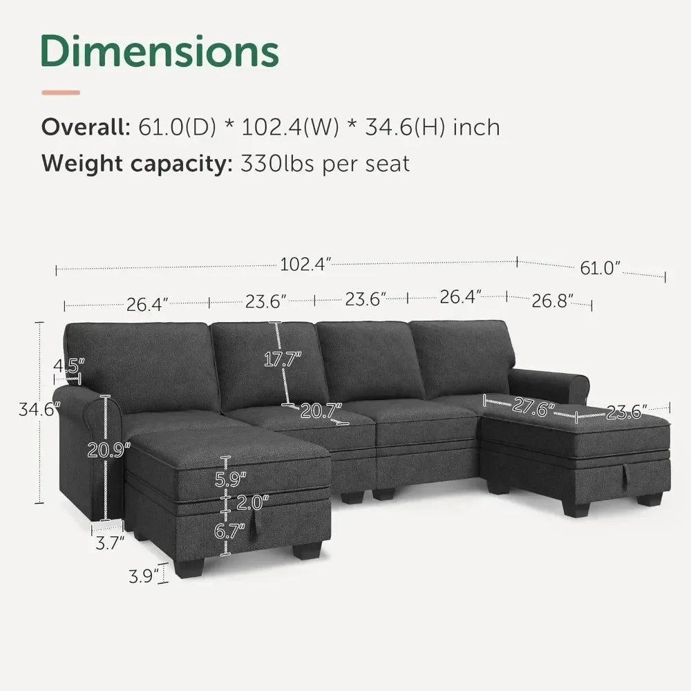 Convertible Sectional Sofa with Storage Seat U Shaped Sectional Couch with Reversible Chaise 6 Seat Sofas