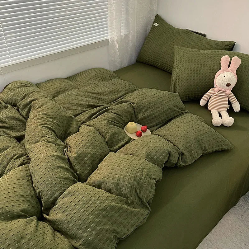 Juego de cama Queen Juego de sábanas de lujo a la moda coreana con cuadros - Funda nórdica, sábanas y fundas de almohada, sin edredón