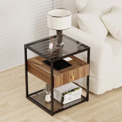 Tempered Glass Side Table, Nightstand, with Drawer and Shelf, Decoration in Living Room, Stable Steel Frame