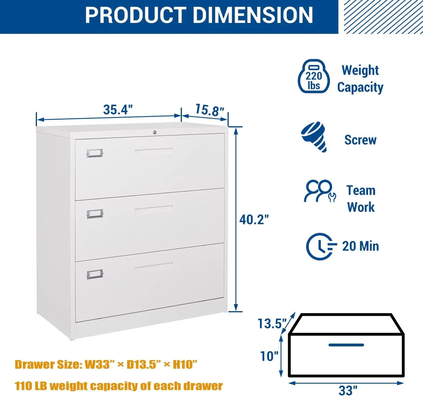 Archivador lateral con cerradura, archivador grande de metal de 3 cajones, gabinete de almacenamiento con cerradura para oficina en casa para archivos colgantes Lette