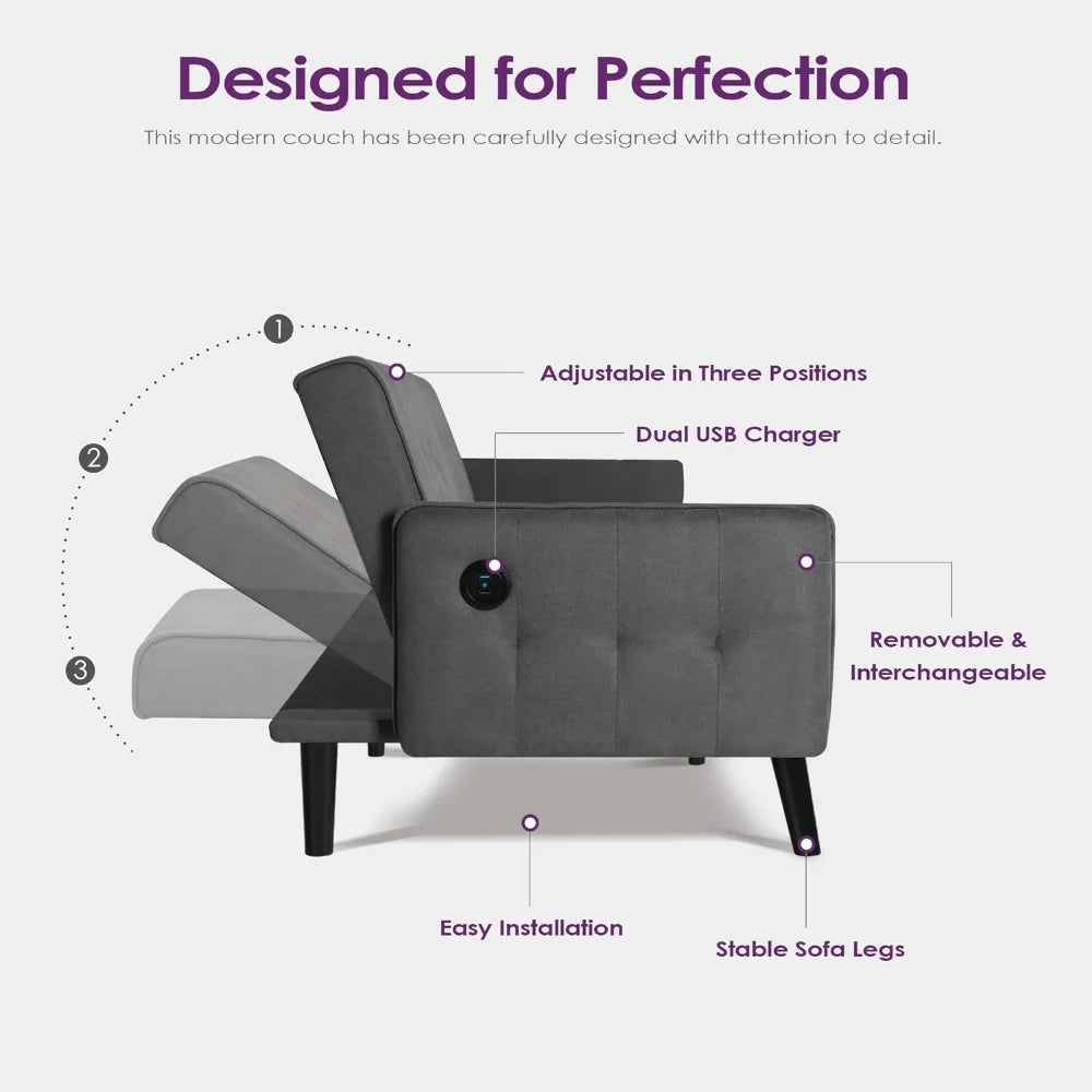 Sofá cama convertible de 65" con 2 puertos USB, sofá de dos plazas plegable ajustable y tapizado con mechones, sofá cama de mediados de siglo