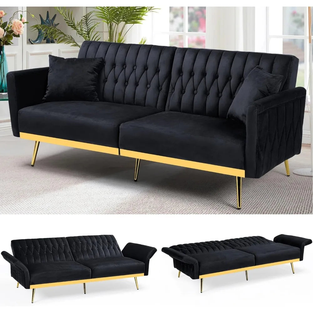 70in Velvet Futon Sofa Bed W/Adjustable Backrests and Armrests, Convertible Futon Couch with Two Pillows, Tufted Sleeper Bed