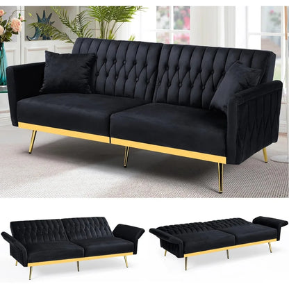 Canapé-lit futon en velours de 70 po avec dossiers et accoudoirs réglables, canapé-lit futon convertible avec deux oreillers, lit-lit capitonné