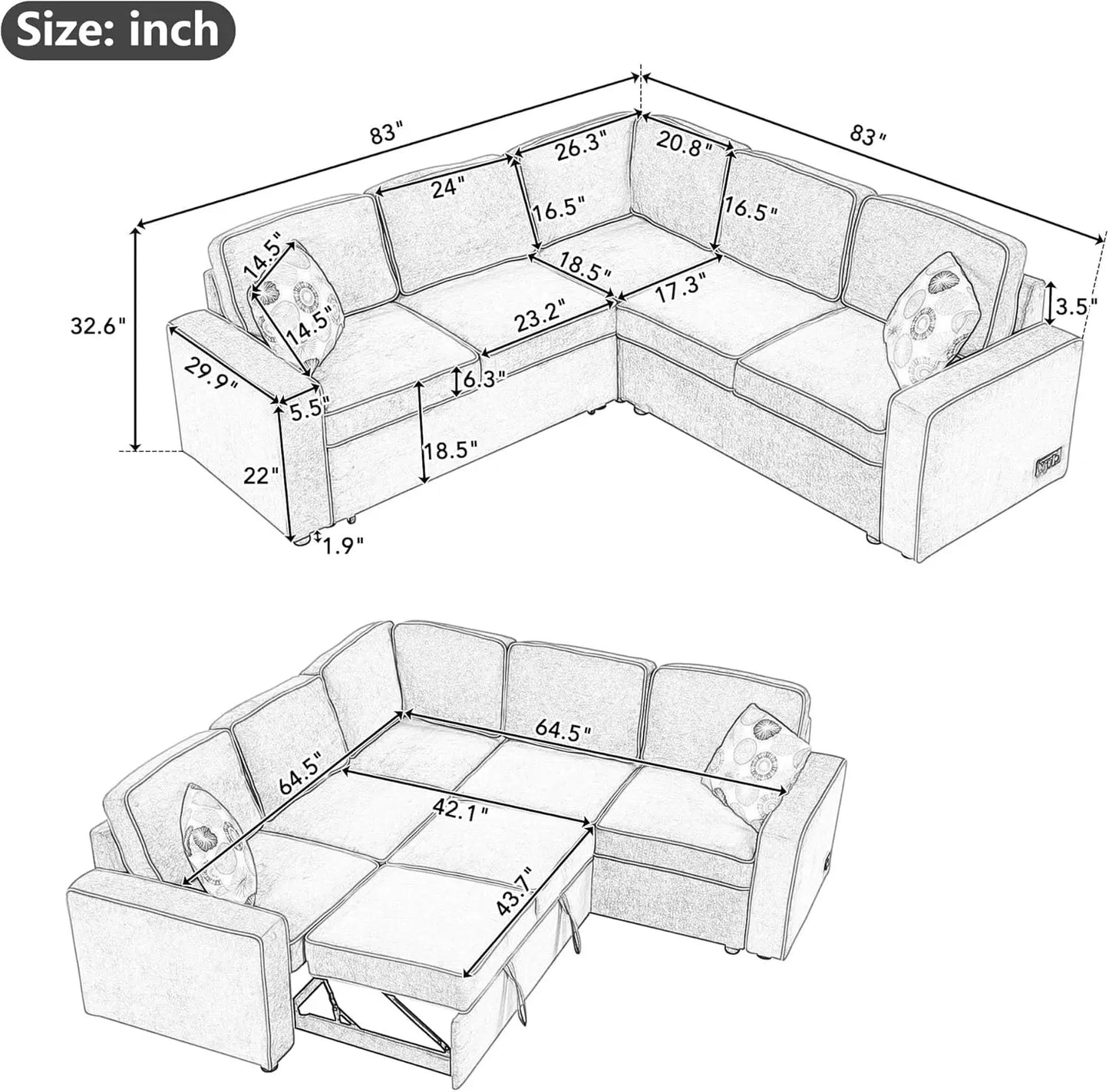 Sofá seccional convertible, sofá cama extraíble con 3 almohadas y 2 puertos USB, sofá en forma de L con 2 tomas de corriente