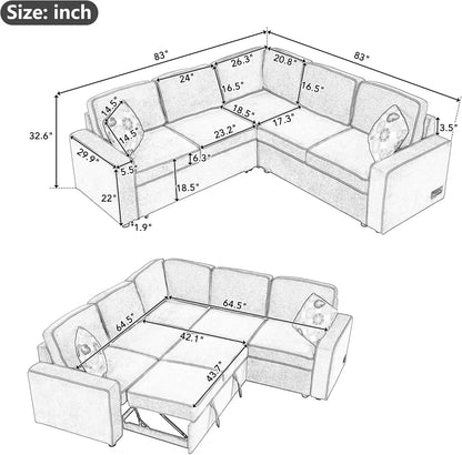 Canapé sectionnel convertible, canapé-lit gigogne avec 3 oreillers et 2 ports USB, canapé en L avec 2 prises de courant