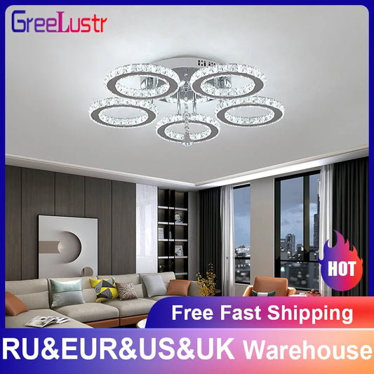 Modern Lustres K9 Crystal Chandelier Ceiling Lamps 3 Rings Stainless Steel Hanging Light Fixture Led Pendant Lamp Home Appliance