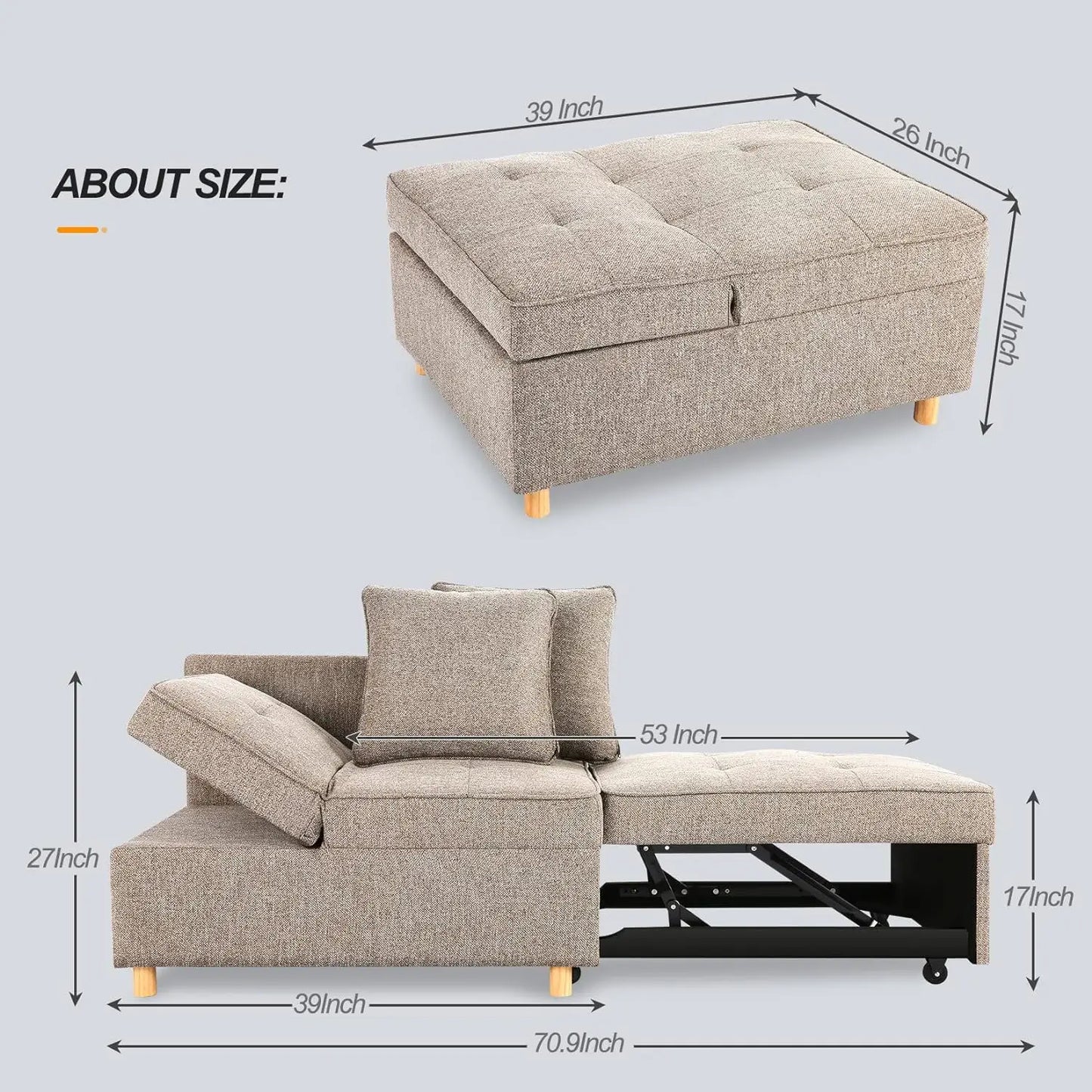 Sofa Bed Chair 4-in-1 Convertible Chair Bed,3-Seat Linen Fabric loveseat Sofa,Single Recliner with 5 Adjustable Backrest