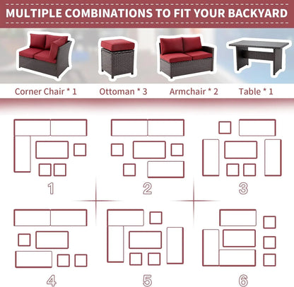 Juego de muebles de patio, 7 piezas de muebles de patio al aire libre con mesa de comedor y silla, juego de conversación de mimbre para todo clima con otomana