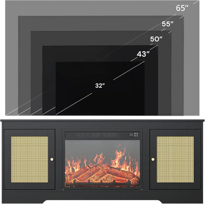 Fireplace TV Stand for 60/65 Inch TV, Black Entertainment Center w/ Rattan Doors, Hobo Media Console w/ 23'' Electric Fireplace